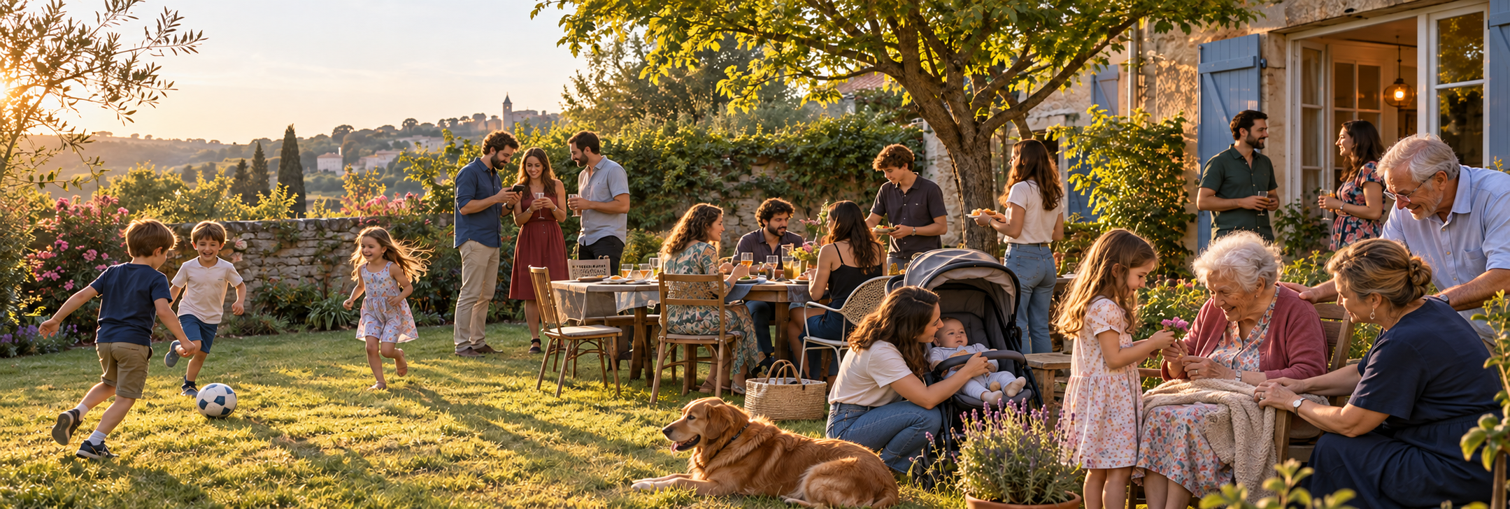 Une famille réunie dans un jardin en été, des enfants aux grands-parents, pour partager un moment ensemble.